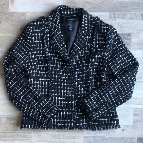 SILKLAND Women's Blazer Black and White Size Large Preppy Silk Button Up - Picture 1 of 8